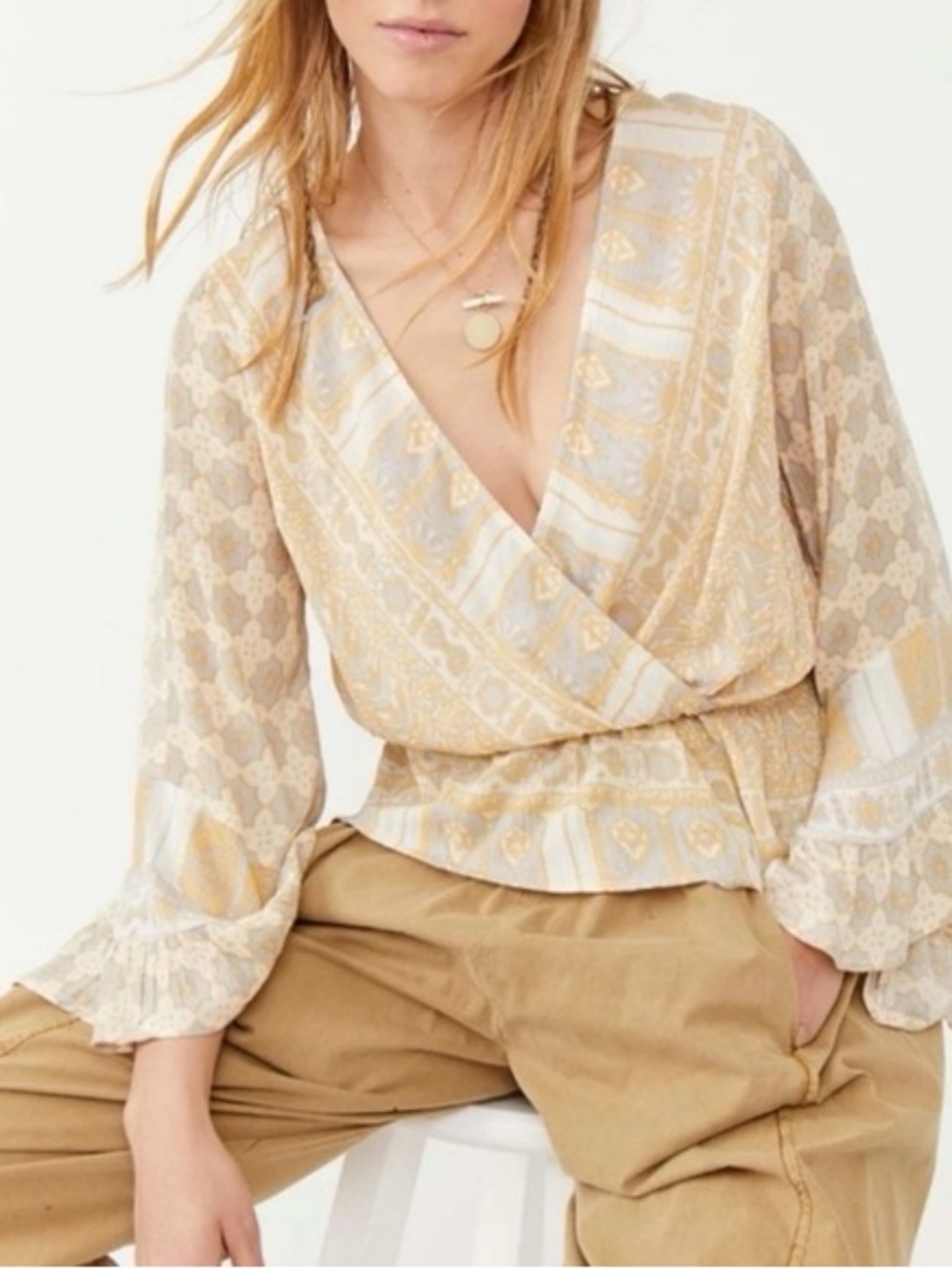 Free People Rosalie Wrap Top M Yellow Bell Sleeve Boho Blouse